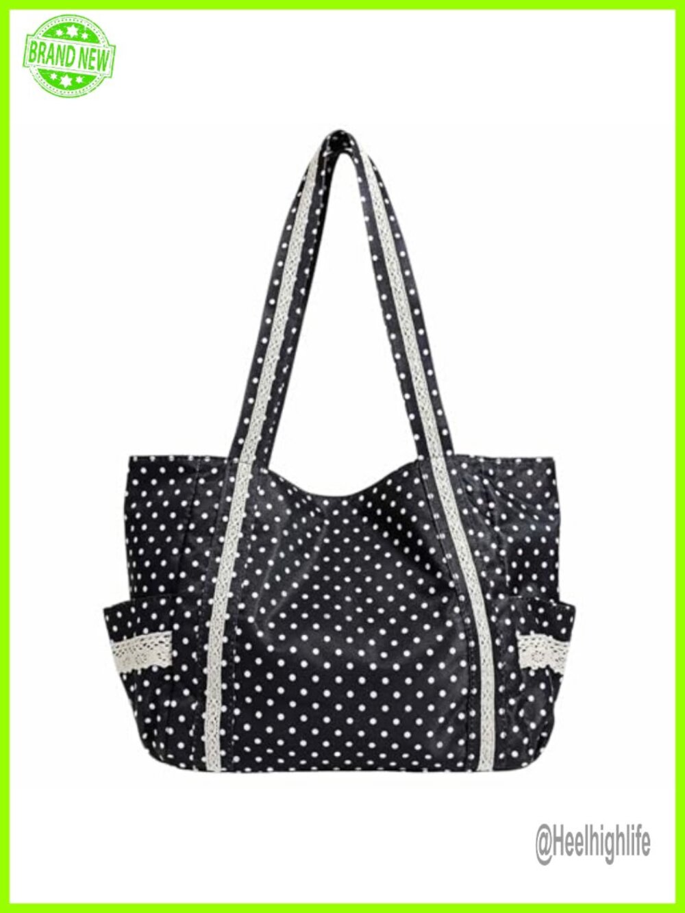 Canvas Polka Dot Tote Bag with Lace Trim Shoulder Bag